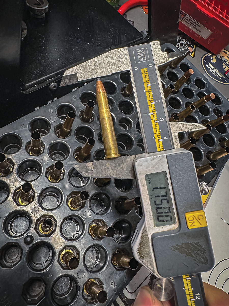 This is a Hornady 45-grain Hornet bullet loaded to 1.750 inches. This offered the best results with  Alliant 2400 powder.